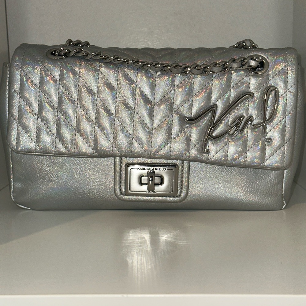 Karl Lagerfeld Iridescent Silver Quilted Shoulder Bag Agyness